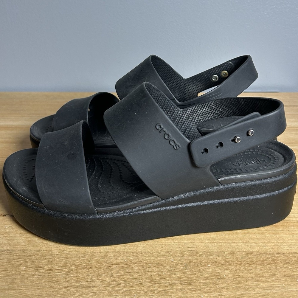Croc Black Brooklyn Comfortable Two Strap Pushpin Ankle Strap Low Wedge Sandals - Picture 4 of 6